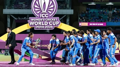 India Women's team celebrates with the trophy after winning the ICC Women's World Cup 2025 final against South Africa. (ANI)