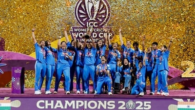 The Indian women’s cricket team celebrates their ICC Women’s World Cup 2025 triumph after defeating South Africa in the final. (Surjeet Yadav (ANI)) The Indian women’s cricket team celebrates their ICC Women’s World Cup 2025 triumph after defeating South Africa in the final. (Surjeet Yadav (ANI))