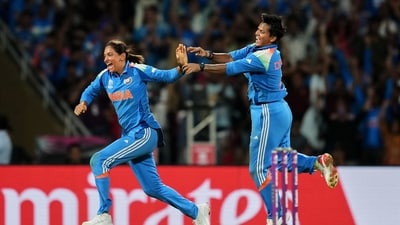 Nadine de Klerk was the final South African wicket to fall. India's captain, Harmanpreet Kaur, took the catch. Celebrations began as India won their maiden Women's World Cup, beating South Africa by 52 runs. (AP)
