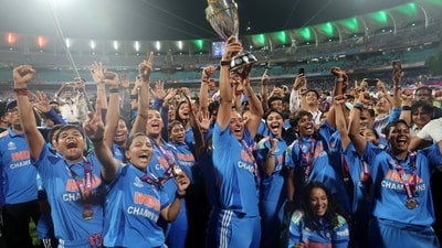 India's Harmanpreet Kaur and teammates celebrate with the trophy after winning the ICC Women's World Cup (REUTERS)