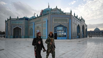 Amid the destruction caused by the earthquake, the Blue Mosque of Mazar-i-Sharif, a 15th-century landmark famed for its vibrant tiles, was also reportedly damaged. The image given here is a file image of the site. An official handout regarding the damage caused to the mosque has not been provided by the Taliban government yet. (AFP) Amid the destruction caused by the earthquake, the Blue Mosque of Mazar-i-Sharif, a 15th-century landmark famed for its vibrant tiles, was also reportedly damaged. The image given here is a file image of the site. An official handout regarding the damage caused to the mosque has not been provided by the Taliban government yet. (AFP)