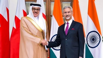External Affairs Minister S Jaishankar with Bahrain Foreign Affairs Minister Abdullatif bin Rashid Alzayani during the 5th India-Bahrain High Joint Commission meeting, in New Delhi (@MEAIndia via PTI) External Affairs Minister S Jaishankar with Bahrain Foreign Affairs Minister Abdullatif bin Rashid Alzayani during the 5th India-Bahrain High Joint Commission meeting, in New Delhi (@MEAIndia via PTI)