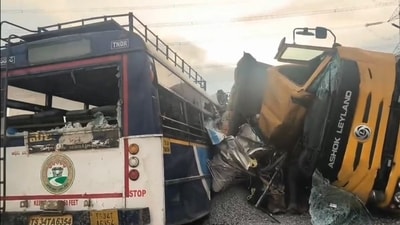 The bus, belonging to the Tandur depot with 70 passengers was travelling to Hyderabad. (PTI) The bus, belonging to the Tandur depot with 70 passengers was travelling to Hyderabad. (PTI)