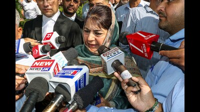 Peoples Democratic Party President Mehbooba Mufti interacts with media after hearing of her petition in Jammu on Monday. (PTI)