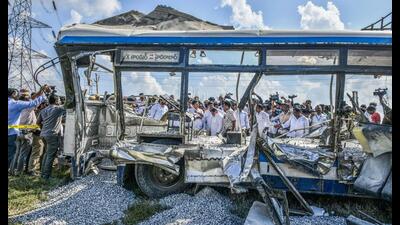 Twenty people died and around twenty injured in an accident between a TGSRTC bus and a truck near Khanapur Gate under the Chevella police station area, in Ranga Reddy district on Monday. (ANI PHOYO)