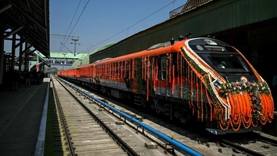 A file photo of Vande Bharat Express Train between Katra and Srinagar. (AFP) A file photo of Vande Bharat Express Train between Katra and Srinagar. (AFP)