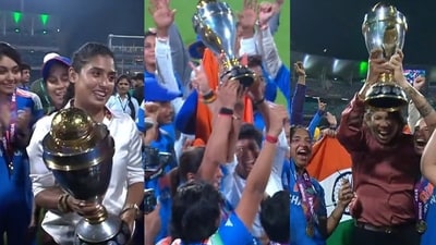 Mithali Raj, Anjum Chopra and Jhulan Goswami celebrate with the World Cup trophy during India's victory lap Mithali Raj, Anjum Chopra and Jhulan Goswami celebrate with the World Cup trophy during India's victory lap