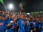 Indian players celebrate their win over South Africa in the ICC Women's Cricket World Cup final match.