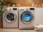 A modern AI powered washing machine streamlining family laundry, adapting to fabric, stains, and schedules in a busy Indian household.