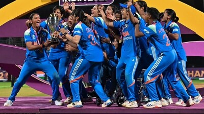 Indian players celebrate their win over South Africa in the ICC Women's Cricket World Cup final match at DY Patil in Navi Mumbai (Raju Shinde) Indian players celebrate their win over South Africa in the ICC Women's Cricket World Cup final match at DY Patil in Navi Mumbai (Raju Shinde)