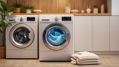 A modern AI powered washing machine streamlining family laundry, adapting to fabric, stains, and schedules in a busy Indian household. A modern AI powered washing machine streamlining family laundry, adapting to fabric, stains, and schedules in a busy Indian household.
