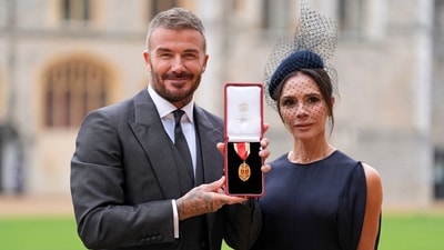 Sir David Beckham, with his wife Lady Victoria, after he was made a Knight Bachelor at an investiture ceremony at Windsor Castle, Berkshire, England, Tuesday, Nov. 4, 2025. (AP) Sir David Beckham, with his wife Lady Victoria, after he was made a Knight Bachelor at an investiture ceremony at Windsor Castle, Berkshire, England, Tuesday, Nov. 4, 2025. (AP)
