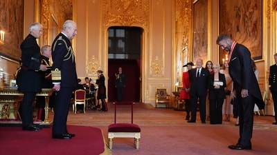Sir David Beckham is made a Knight Bachelor by Britain's King Charles III during an Investiture ceremony at Windsor Castle, Berkshire, England, Tuesday, Nov. 4, 2025 (AP) Sir David Beckham is made a Knight Bachelor by Britain's King Charles III during an Investiture ceremony at Windsor Castle, Berkshire, England, Tuesday, Nov. 4, 2025 (AP)