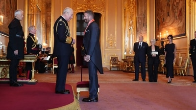 Sir David Beckham is made a Knight Bachelor by Britain's King Charles III during an Investiture ceremony at Windsor Castle, Berkshire, England, Tuesday, Nov. 4, 2025 (AP) Sir David Beckham is made a Knight Bachelor by Britain's King Charles III during an Investiture ceremony at Windsor Castle, Berkshire, England, Tuesday, Nov. 4, 2025 (AP)