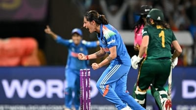 India's Renuka Singh celebrates after the dismissal of South Africa's Tazmin Brits (R) during the ICC Women's Cricket World Cup 2025 final (AFP) India's Renuka Singh celebrates after the dismissal of South Africa's Tazmin Brits (R) during the ICC Women's Cricket World Cup 2025 final (AFP)