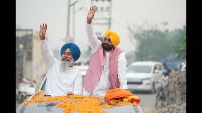 Chief minister Bhagwant Mann on Tuesday led a roadshow across a dozen villages in Tarn Taran, campaigning for AAP candidate Harmeet Singh Sandhu and taking aim at the Badals and the Congress. Chief minister Bhagwant Mann on Tuesday led a roadshow across a dozen villages in Tarn Taran, campaigning for AAP candidate Harmeet Singh Sandhu and taking aim at the Badals and the Congress.