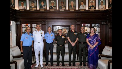 Chief of Defence Staff General Anil Chauhan with other officials during his visit to the National Defence College, in New Delhi. (PTI) Chief of Defence Staff General Anil Chauhan with other officials during his visit to the National Defence College, in New Delhi. (PTI)