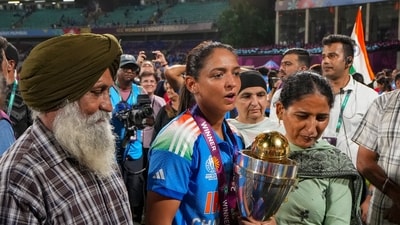 India's captain Harmanpreet Kaur, center, with her relatives after winning the ICC Women's World Cup 2025, at the DY Patil Stadium (PTI) India's captain Harmanpreet Kaur, center, with her relatives after winning the ICC Women's World Cup 2025, at the DY Patil Stadium (PTI)