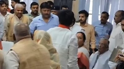 The confrontation broke out during a District Development Coordination and Monitoring Committee (DISHA) meeting in Kanpur Dehat (PTI video grab) The confrontation broke out during a District Development Coordination and Monitoring Committee (DISHA) meeting in Kanpur Dehat (PTI video grab)