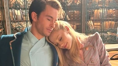 Ariana Grande and Jonathan Bailey during the shoot of Wicked.