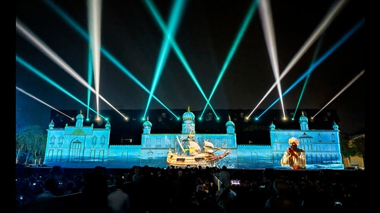 Punjab government’s light and sound show to commemorate the 350th martyrdom anniversary of the ninth Sikh master Guru Teg Bahadur. at Polo Ground in Patiala on Tuesday. (ANI)