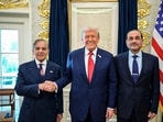 US President Donald Trump during a meeting with Pakistan Prime Minister Shehbaz Sharif and Field Marshal Asim Munir.