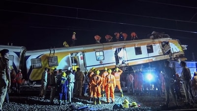 On impact, a coach of the passenger train ended up on top of a wagon of the cargo train. (ANI Video Grab) On impact, a coach of the passenger train ended up on top of a wagon of the cargo train. (ANI Video Grab)