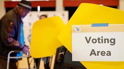 A person votes at a polling station at First United Methodist Church in Pasadena, California, Tuesday. (Getty Images via AFP)