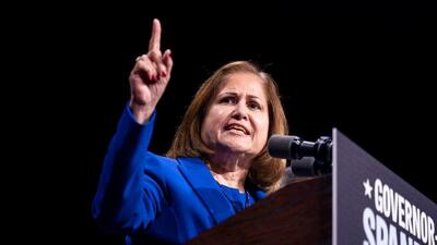 Ghazala Hashmi, Democratic lieutenant governor nominee for Virginia, speaks during an election night event at the Greater Richmond Convention Center in Richmond, Virgini on Tuesday. (Bloomberg)