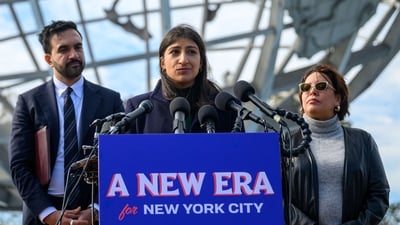Mamdani's Transition Co-chair Lina Khan speaks during a press conference at Flushing Meadows Corona Park, NYC. (Getty Images via AFP) Mamdani's Transition Co-chair Lina Khan speaks during a press conference at Flushing Meadows Corona Park, NYC. (Getty Images via AFP)