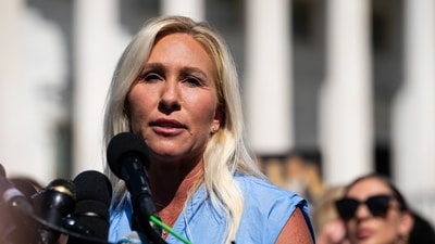 Representative Marjorie Taylor Greene during a news conference outside the US Capitol in Washington, DC (Bloomberg)