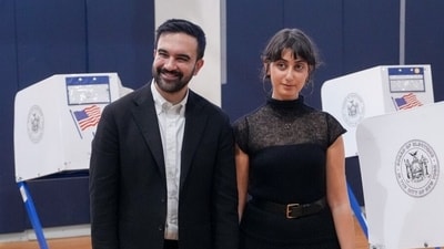 Zohran Mamdani, New York City mayoral candidate, and his wife Rama Duwaji after marking their ballots at a polling station (Bloomberg)