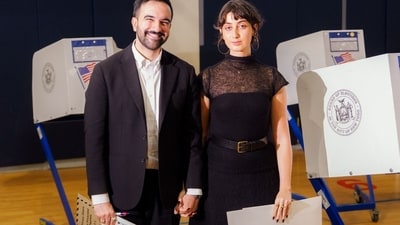 Zohran Mamdani, New York City mayoral candidate, and his wife Rama Duwaji after marking their ballots at a polling station on Tuesday, Nov 4, 2025. (Adam Gray/Bloomberg Photo) Zohran Mamdani, New York City mayoral candidate, and his wife Rama Duwaji after marking their ballots at a polling station on Tuesday, Nov 4, 2025. (Adam Gray/Bloomberg Photo)