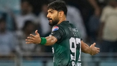 Pakistan's Haris Rauf is seen during the Asia Cup cricket match between Bangladesh and Pakistan at Dubai International Cricket stadium in Dubai (AP) Pakistan's Haris Rauf is seen during the Asia Cup cricket match between Bangladesh and Pakistan at Dubai International Cricket stadium in Dubai (AP)