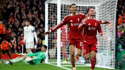 Liverpool's Alexis Mac Allister celebrates scoring their first goal with Hugo Ekitike (Action Images via Reuters)