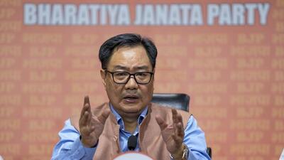 Union minister Kiren Rijiju addresses a press conference at the BJP headquarters in New Delhi on Wednesday. (PTI) Union minister Kiren Rijiju addresses a press conference at the BJP headquarters in New Delhi on Wednesday. (PTI)