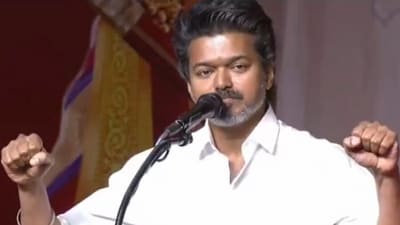 Vijay spoke to his Tamilaga Vettri Kazhagam party members in Chennai on Wednesday. Vijay spoke to his Tamilaga Vettri Kazhagam party members in Chennai on Wednesday.