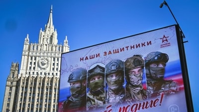 An army billboard in Moscow by Russia’s Foreign Ministry reads, ‘Our Defenders! Thanks Native Ones!’ An army billboard in Moscow by Russia’s Foreign Ministry reads, ‘Our Defenders! Thanks Native Ones!’