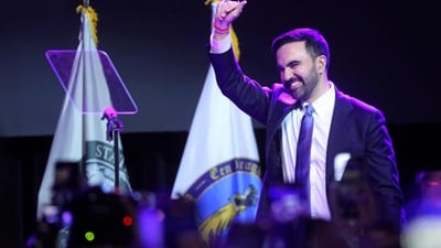 New York City Democratic mayoral candidate Zohran Mamdani celebrates as he takes the stage at his election night watch party at the Brooklyn Paramount (Getty Images via AFP)