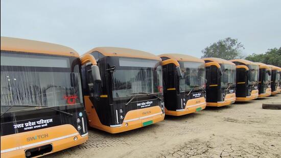 The new buses will have a seating capacity of 52 passengers. Currently, Ghaziabad’s Sahibabad station operates 155 diesel buses, and now also houses these 38 e-buses. (Sakib Ali/HT Photo)