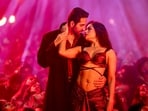 Ayushmann Khurrana and Rashmika Mandanna in a still from item number Poison Baby from Thamma.
