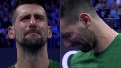 Novak Djokovic cries while watching a tribute video to his former mentor Nikola Pilic. (X) Novak Djokovic cries while watching a tribute video to his former mentor Nikola Pilic. (X)