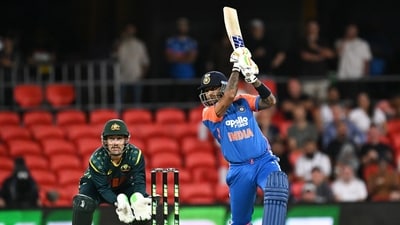 India’s skipper Suryakumar Yadav made an aggressive start, smashing two towering sixes before departing for 20 off just 10 balls, leaving the team looking for momentum in the middle overs. (AP) India’s skipper Suryakumar Yadav made an aggressive start, smashing two towering sixes before departing for 20 off just 10 balls, leaving the team looking for momentum in the middle overs. (AP)