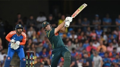 Australian captain Mitchell Marsh was the top scorer for his side, contributing a brisk 30 runs off 24 balls, but his effort wasn’t enough to challenge India’s total. (AP) Australian captain Mitchell Marsh was the top scorer for his side, contributing a brisk 30 runs off 24 balls, but his effort wasn’t enough to challenge India’s total. (AP)