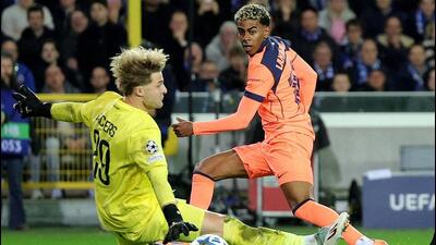FC Barcelona's Lamine Yamal scores their second goal against Club Brugge. (REUTERS) FC Barcelona's Lamine Yamal scores their second goal against Club Brugge. (REUTERS)