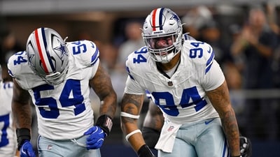 Nov 3, 2025; Arlington, Texas, USA; Dallas Cowboys defensive end Marshawn Kneeland (94) and defensive end Sam Williams (54) during the game against the Arizona Cardinals. (IMAGN IMAGES via Reuters Connect)