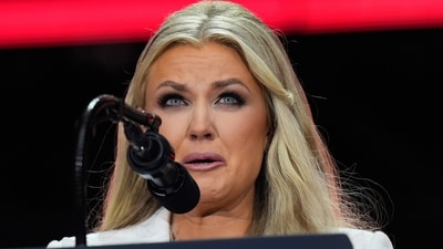 Erika Kirk speaks at a memorial for her husband Charlie Kirk. (AP) Erika Kirk speaks at a memorial for her husband Charlie Kirk. (AP)