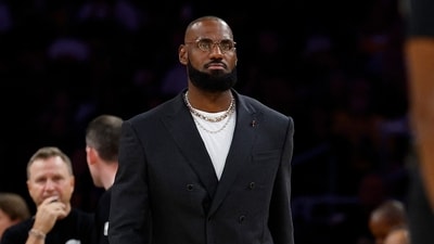 LeBron James #23 of the Los Angeles Lakers looks on during the third quarter of the game against the Golden State Warriors (Getty Images via AFP)