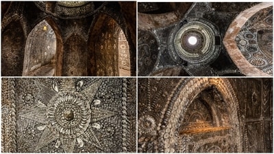 Discovered by chance in 1835, the walls and ceilings of Shell Grotto are reportedly studded with 4.6 million shells. (Pics courtesy: Shellgrotto.co.uk) Discovered by chance in 1835, the walls and ceilings of Shell Grotto are reportedly studded with 4.6 million shells. (Pics courtesy: Shellgrotto.co.uk)
