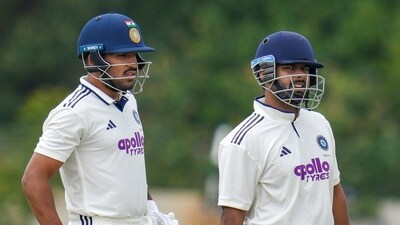 Dhruv Jurel and Rishabh Pant share the crease during India A's match vs South Africa A in Bengaluru. (PTI) Dhruv Jurel and Rishabh Pant share the crease during India A's match vs South Africa A in Bengaluru. (PTI)